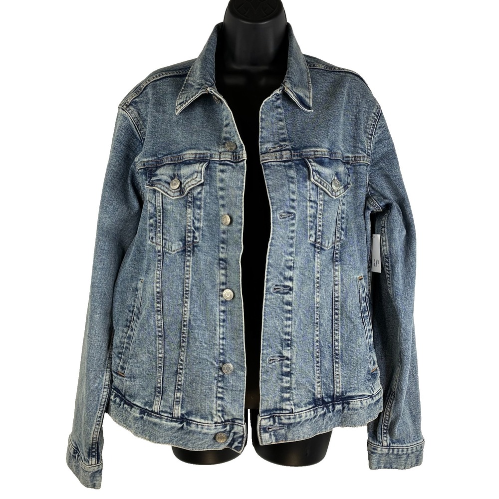 Gap Womens Jacket Denim Stone Wash Blue Size‎ M Trucker Collared Long Sleeve NWT